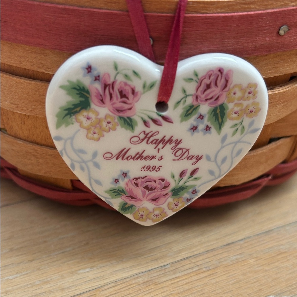 Longaberger Brown Basket with Floral Lining and Heart Tag - Picture 3 of 4